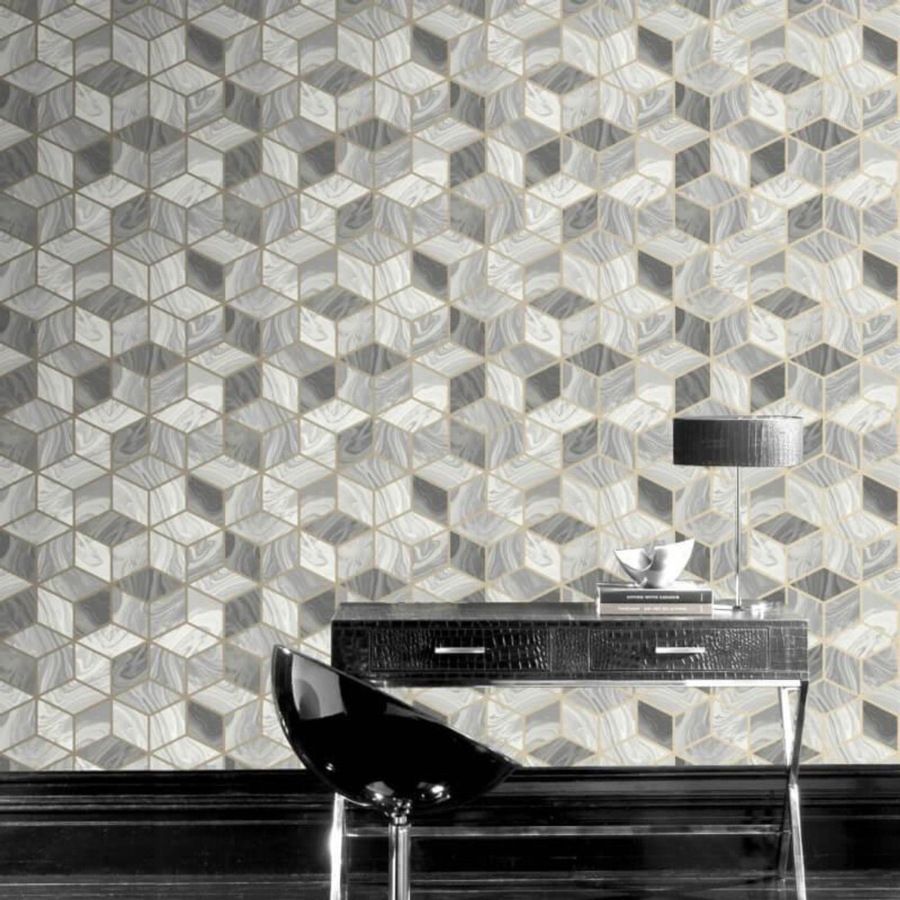 Portfolio Marble Cube Wallpaper - Grey/Gold - Rasch - 248975 - Premier Wallcovering