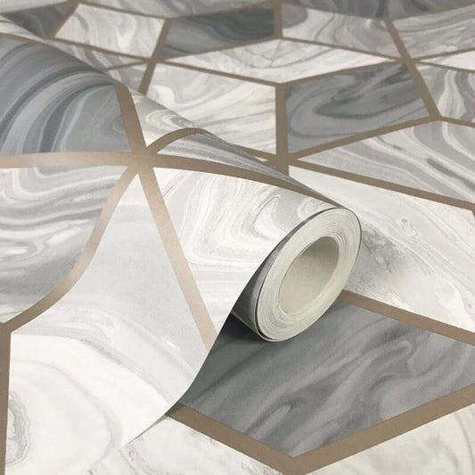 Portfolio Marble Cube Wallpaper - Grey/Gold - Rasch - 248975 - Premier Wallcovering
