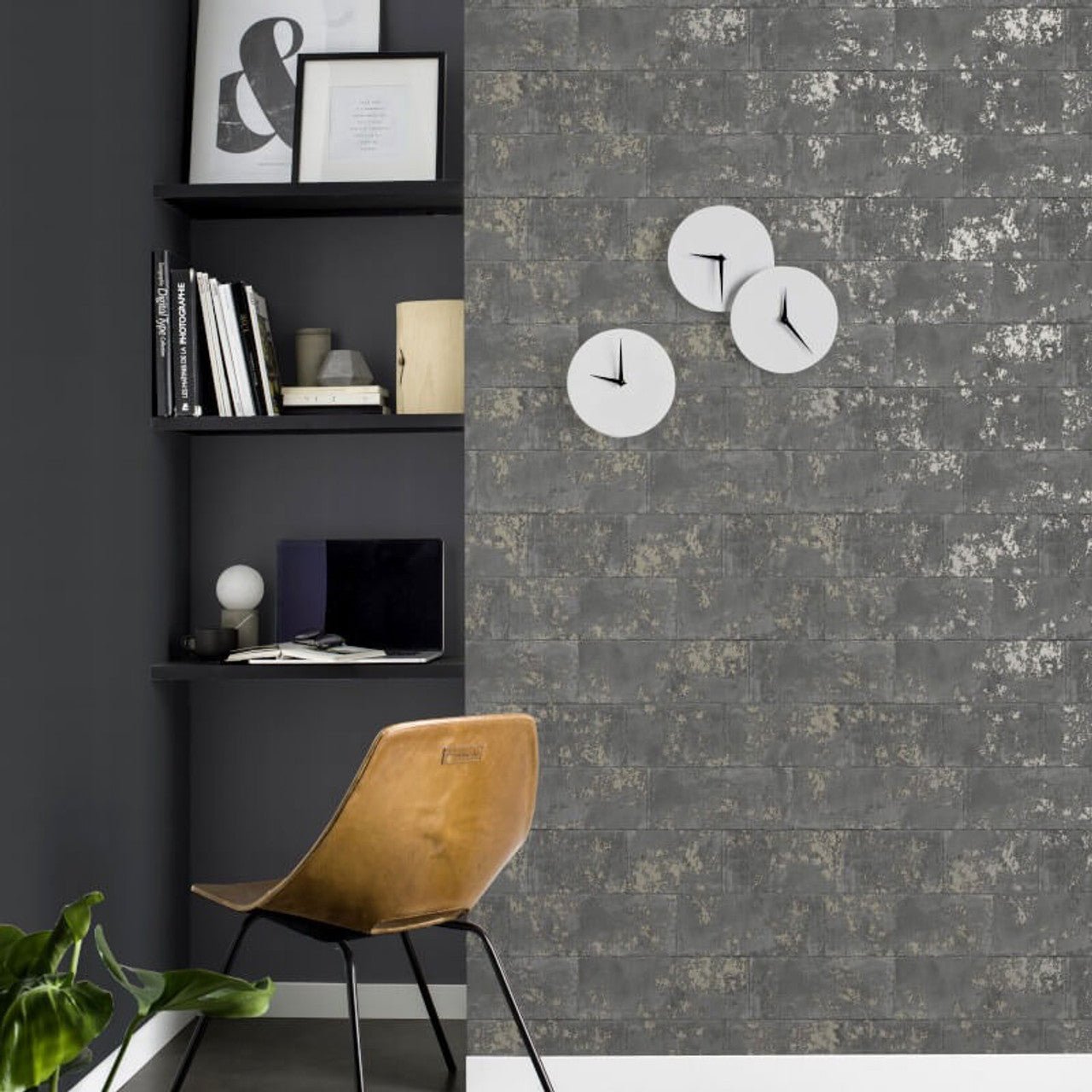 Portfolio Metallic Brick Wallpaper - Charcoal Metallic - Rasch - 248685 - Premier Wallcovering
