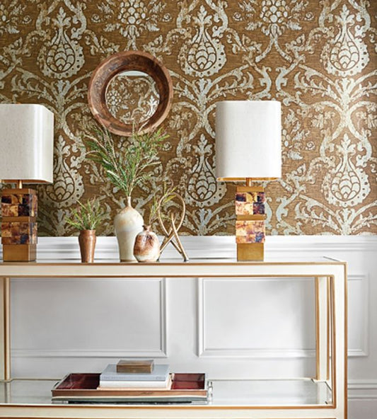 Pravata Damask Wallpaper - Sienna on Foil - Thibaut - T89175 - Premier Wallcovering