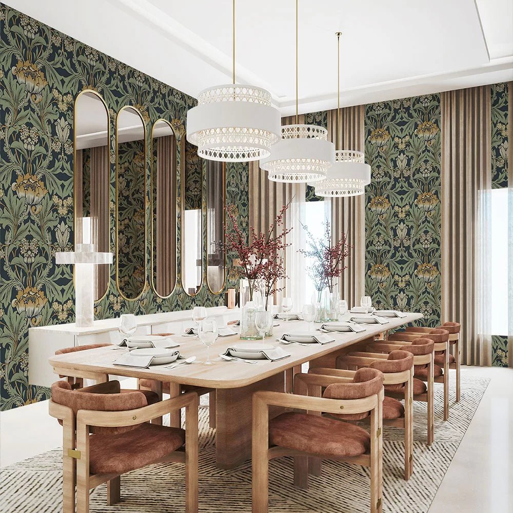 Primrose Floral Wallpaper - Midnight Blue & Goldenrod - NextWall - NW44404 - Premier Wallcovering