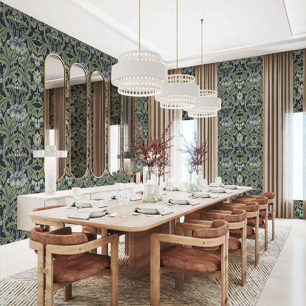 Primrose Floral Wallpaper - Midnight Blue & Sage - NextWall - NW44412 - Premier Wallcovering