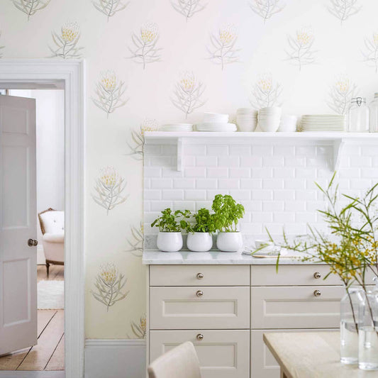 Protea Flower Wallpaper - China Blue/Canvas - Sanderson - DART216327 - Premier Wallcovering