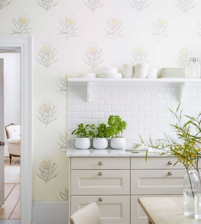 Protea Flower Wallpaper - China Blue/Canvas - DART216327 - Sanderson - Premier Wallcovering