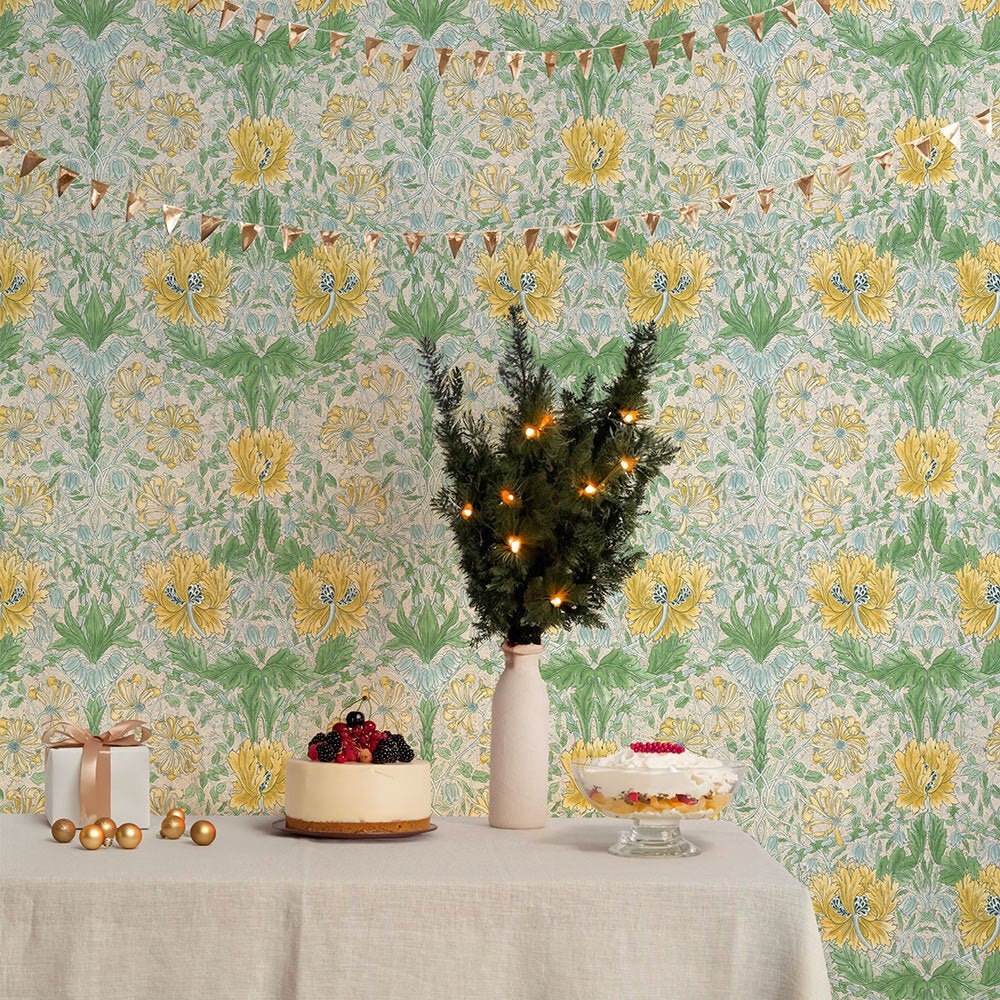 Pure Honeysuckle & Tulip Wallpaper - Sunflower / Thyme - 217386 - Morris Wallpaper WD - Premier Wallcovering
