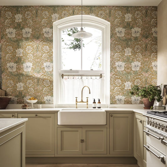 Pure Honeysuckle & Tulip Wallpaper - Gold - 217384 - Morris Wallpaper WD - Premier Wallcovering