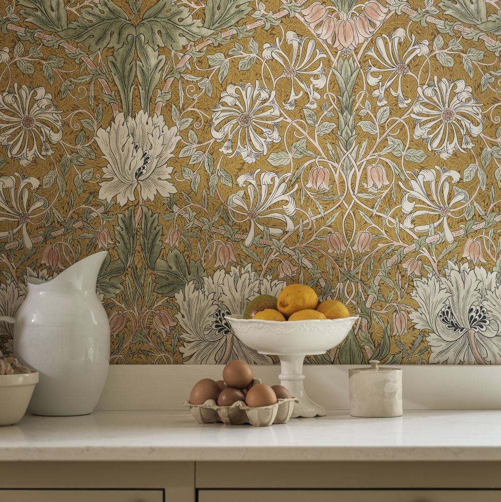 Pure Honeysuckle & Tulip Wallpaper - Gold - 217384 - Morris Wallpaper WD - Premier Wallcovering