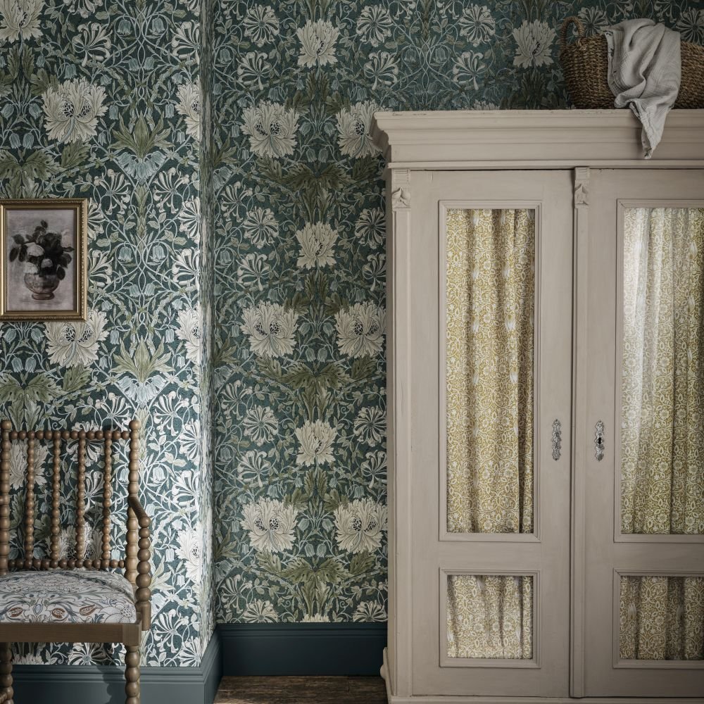 Pure Honeysuckle & Tulip Wallpaper - Peacock - 217385 - Morris Wallpaper WD - Premier Wallcovering