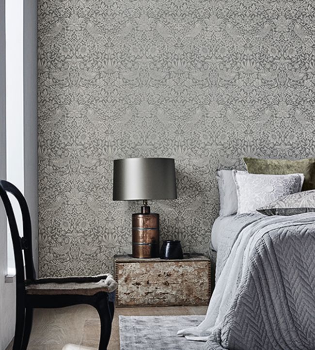 Pure Strawberry Thief Wallpaper - Silver/Stone - 216017 - Morris & Co - Premier Wallcovering