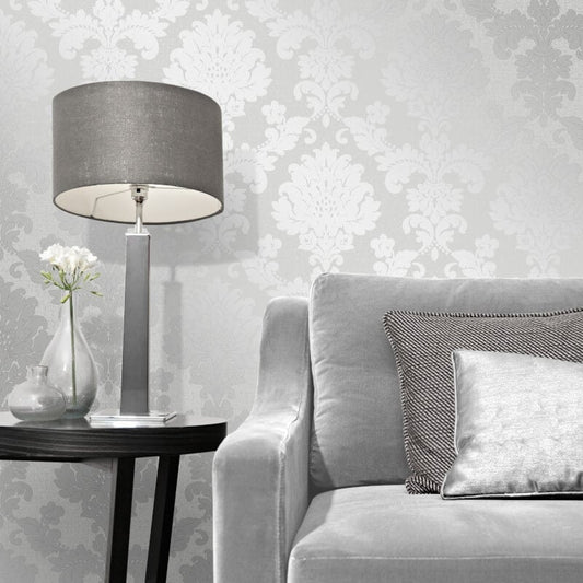 Quartz Damask Glitter Wallpaper - Silver - Fine Décor - FD41965 - Premier Wallcovering
