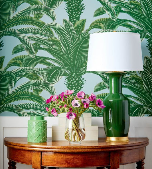 Queen Palm Wallpaper - Green & Blue - Thibaut - T13908 - Premier Wallcovering