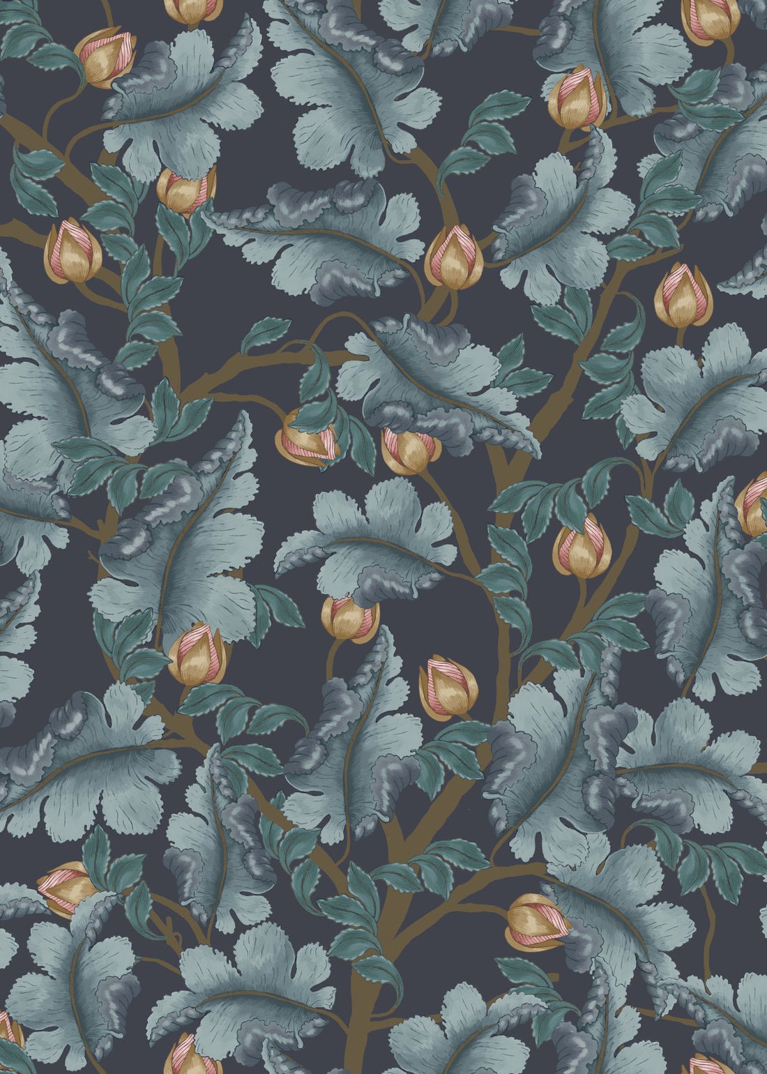 Ranunculus Floral Wallpaper - Midnight Blue - Summer Gray - Premier Wallcovering