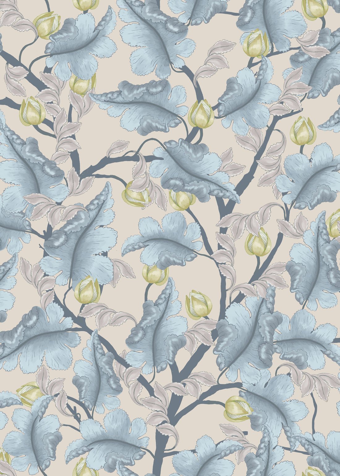 Ranunculus Floral Wallpaper - Blue & Beige - Summer Gray - Premier Wallcovering