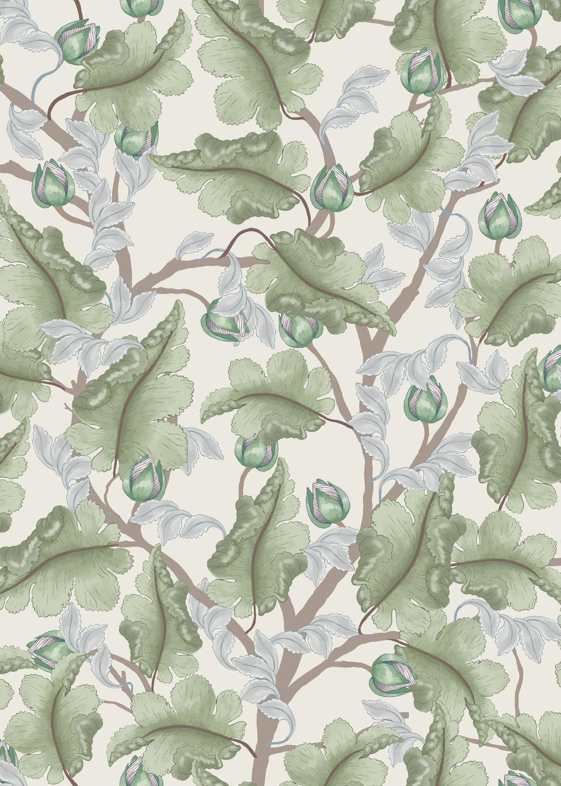 Ranunculus Floral Wallpaper - Cream & Green - Summer Gray - Premier Wallcovering