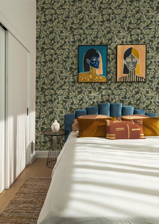 Ranunculus Floral Wallpaper - Green & Blue - Summer Gray - Premier Wallcovering