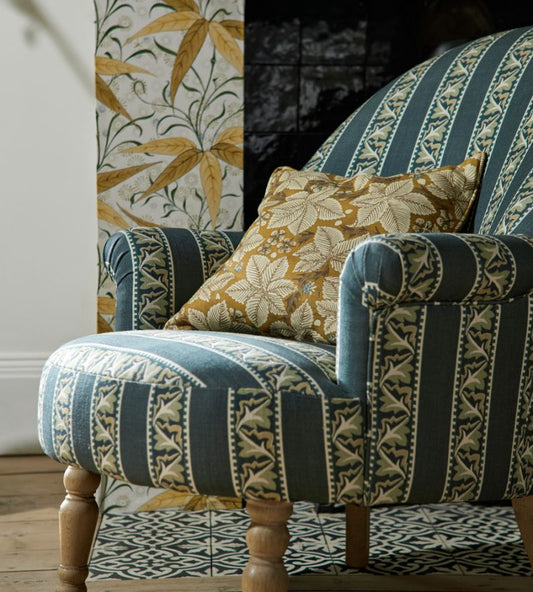 Red Car Stripe Fabric - Indigo/Linen - Morris & Co - 227247 - Premier Wallcovering