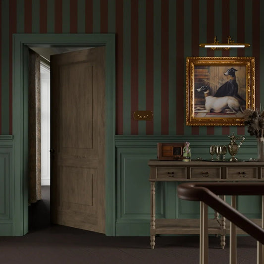 Regent Stripe Wallpaper - Garnet and Pine Green - LAN100231 - Lucie Annabel - Premier Wallcovering