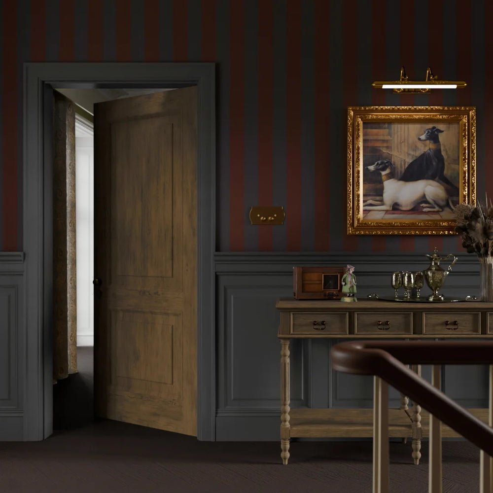 Regent Stripe Wallpaper - Garnet and Oxford Blue - LAN100229 - Lucie Annabel - Premier Wallcovering