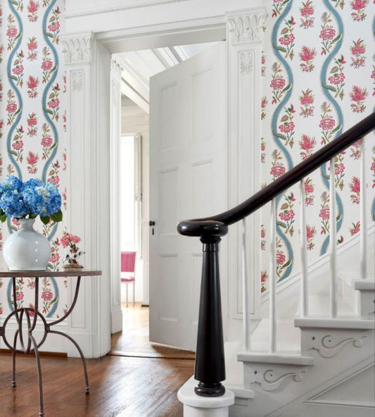 Ribbon Floral Wallpaper - Green - Thibaut - T36421 - Premier Wallcovering