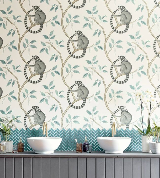 Ringtailed Lemur Wallpaper - Stone/Eucalyptus - DGLW216665 - Sanderson - Premier Wallcovering