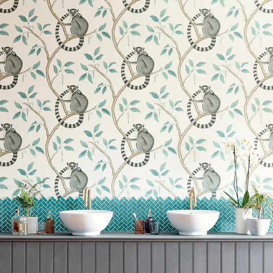 Ringtailed Lemur Wallpaper - Teal - Sanderson - DGLW216663 - Premier Wallcovering