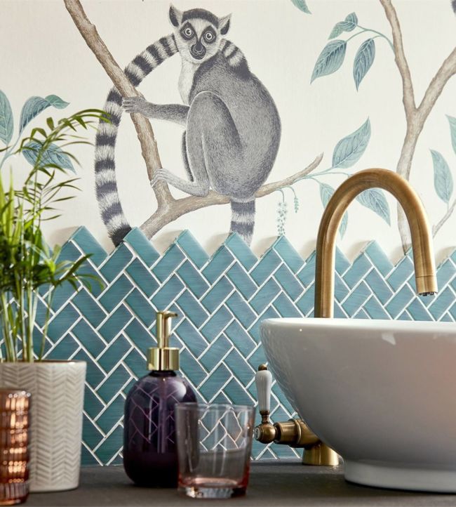 Ringtailed Lemur Wallpaper - Stone/Eucalyptus - DGLW216665 - Sanderson - Premier Wallcovering