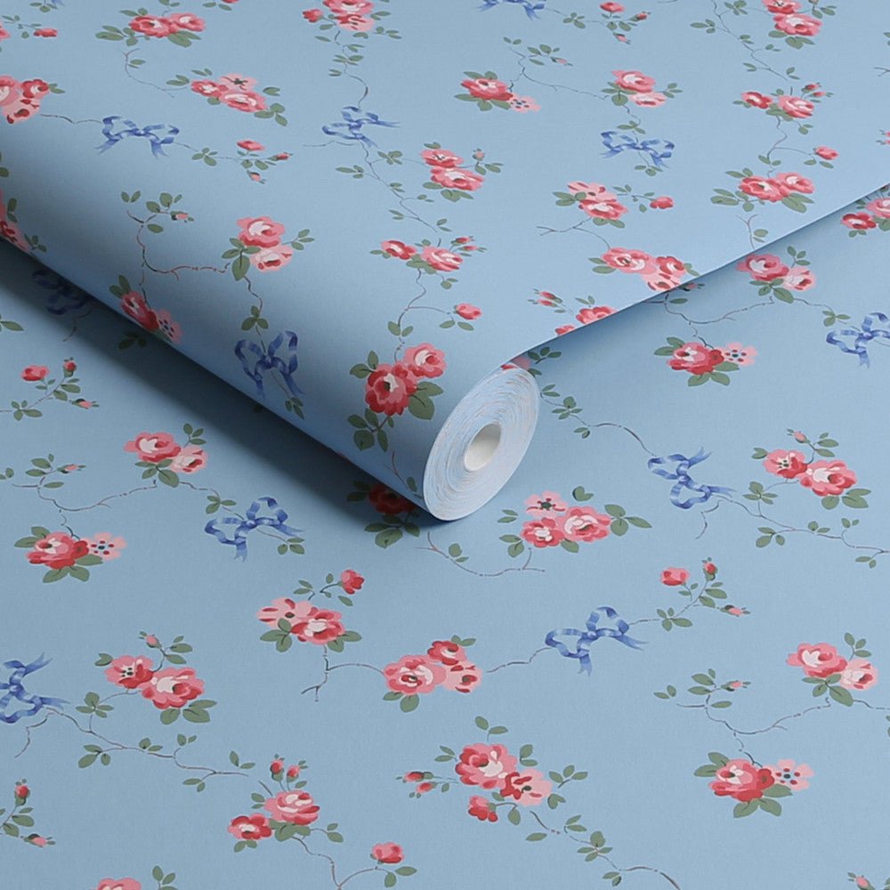 Rose & Bows Wallpaper - Blue - 125513 - Cath Kidston - Premier Wallcovering