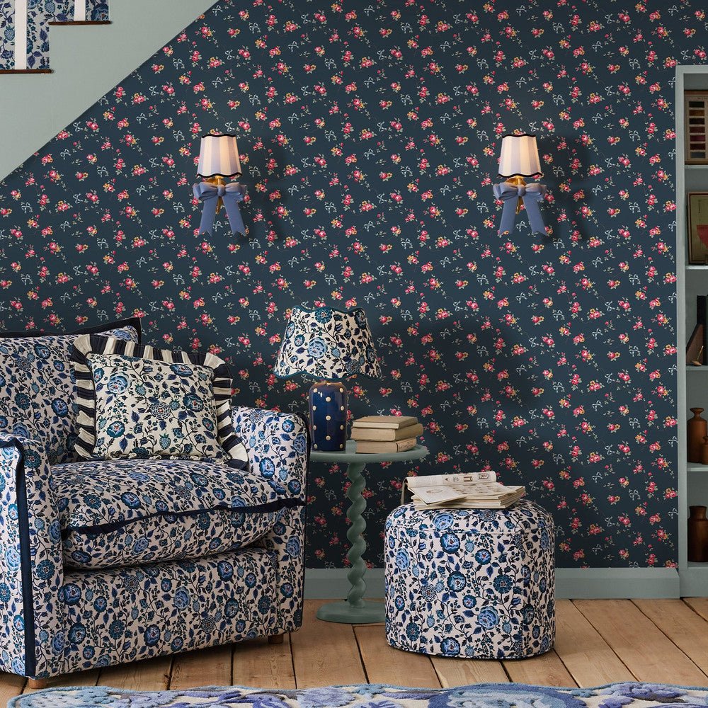Rose & Bows Wallpaper - Navy - 125512 - Cath Kidston - Premier Wallcovering