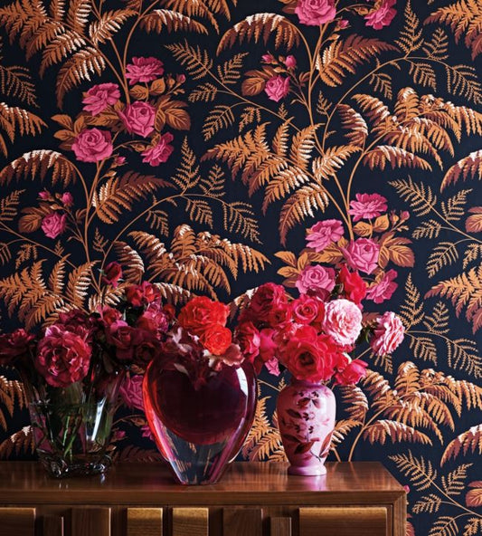 Rose Wallpaper - Rose & Burnt Orange on Black - 115/10029 - Cole & Son - Premier Wallcovering