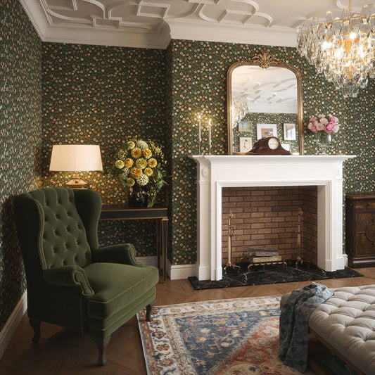 Rosehill Cottage Wallpaper - Peach and Soft Blue on Juniper - LAN100060 - Lucie Annabel - Premier Wallcovering