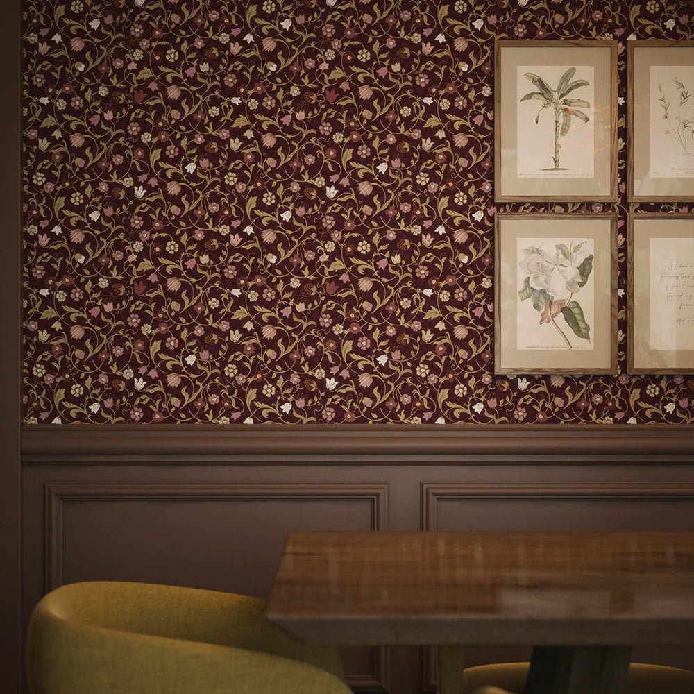 Rosehill Cottage Wallpaper - Soft Pink and Gold on Fig - LAN100062 - Lucie Annabel - Premier Wallcovering