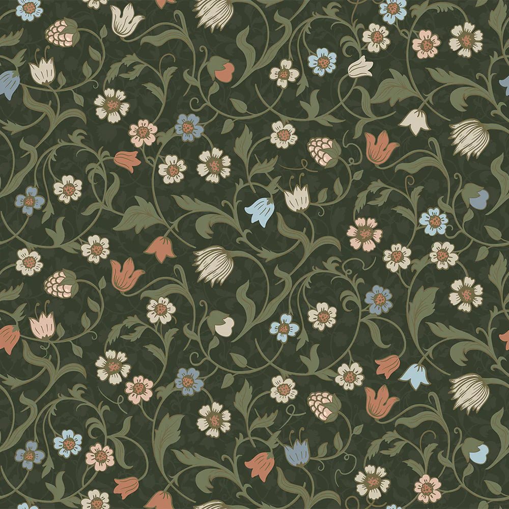 Rosehill Cottage Wallpaper - Peach and Soft Blue on Juniper - LAN100060 - Lucie Annabel - Premier Wallcovering