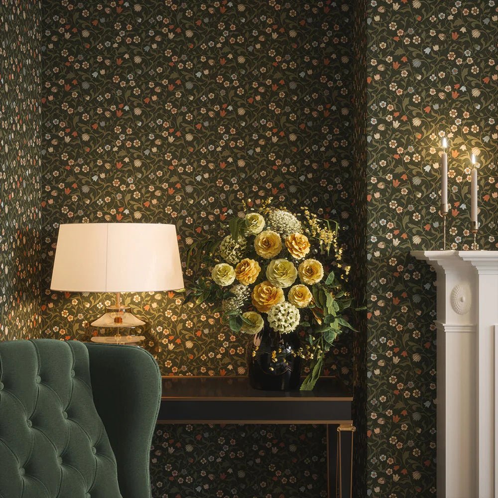 Rosehill Cottage Wallpaper - Peach and Soft Blue on Juniper - LAN100060 - Lucie Annabel - Premier Wallcovering