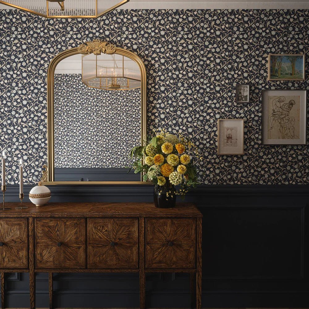 Rosehill Cottage Wallpaper - Duck Egg and Vintage Cream on Classic Navy - LAN100061 - Lucie Annabel - Premier Wallcovering