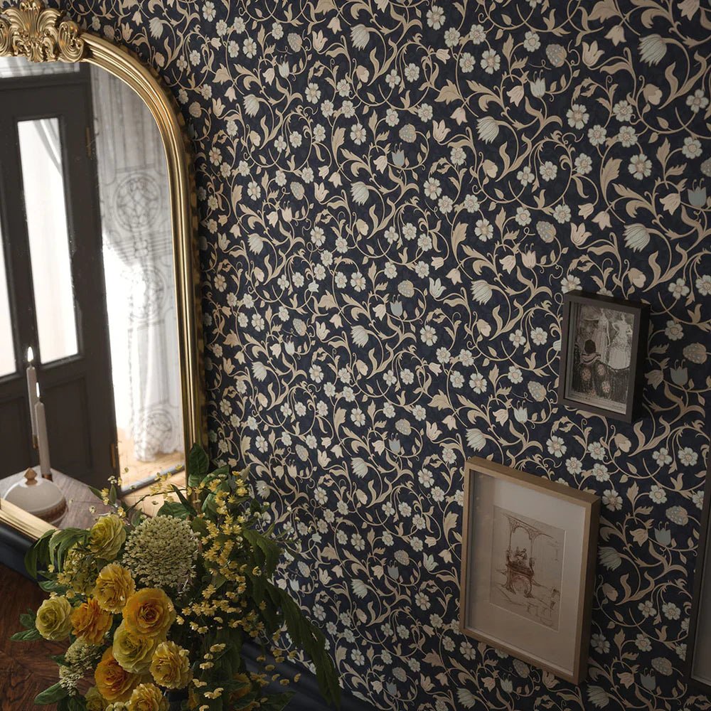 Rosehill Cottage Wallpaper - Duck Egg and Vintage Cream on Classic Navy - LAN100061 - Lucie Annabel - Premier Wallcovering