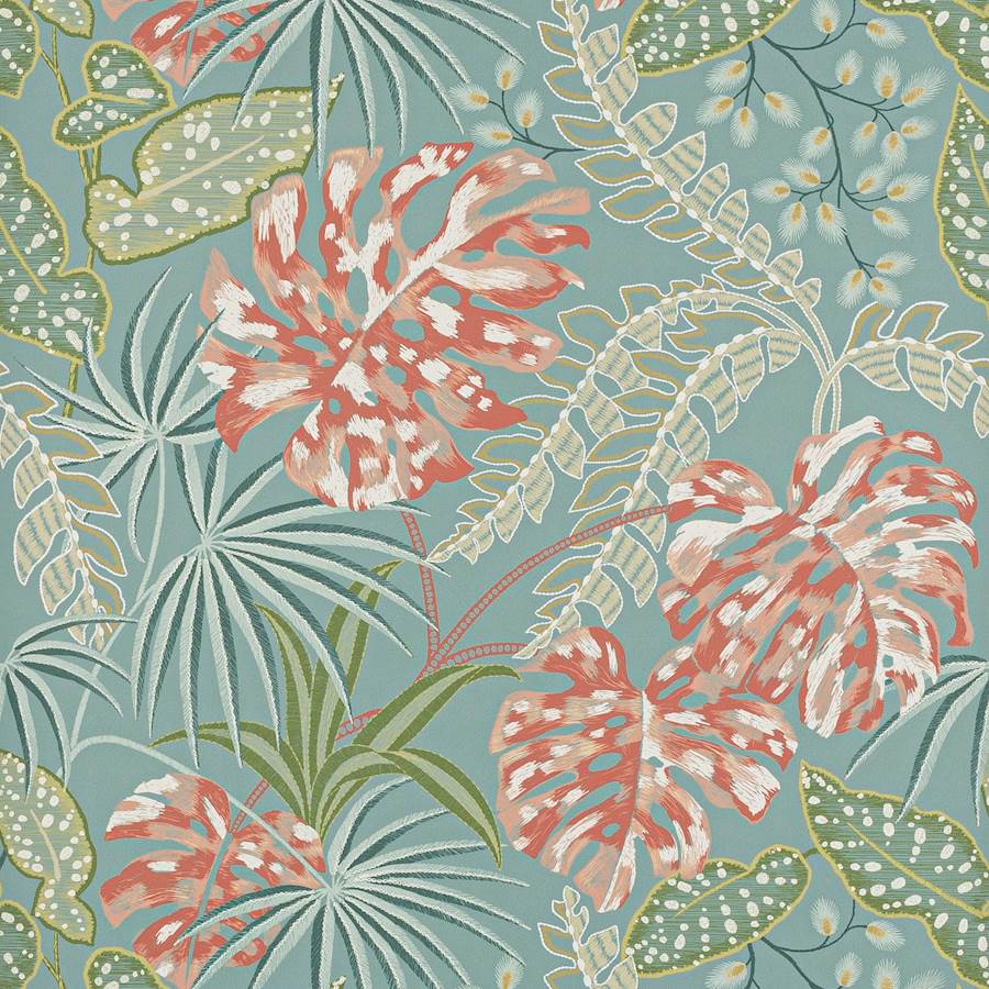 Rousseau Wallpaper - Teal/Coral - J184W - 02 - Jane Churchill - Premier Wallcovering