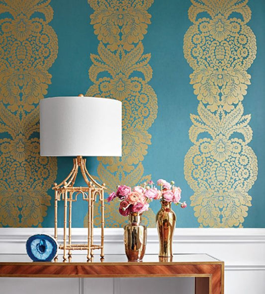 Rowan Damask Wallpaper - Metallic Gold on Silver - Thibaut - T89131 - Premier Wallcovering