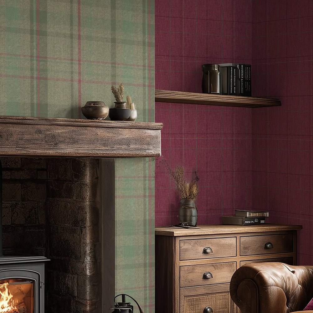 Royal Check Wallpaper - Berry, Rich Plum and Mint - Lucie Annabel - LAN100473 - Premier Wallcovering