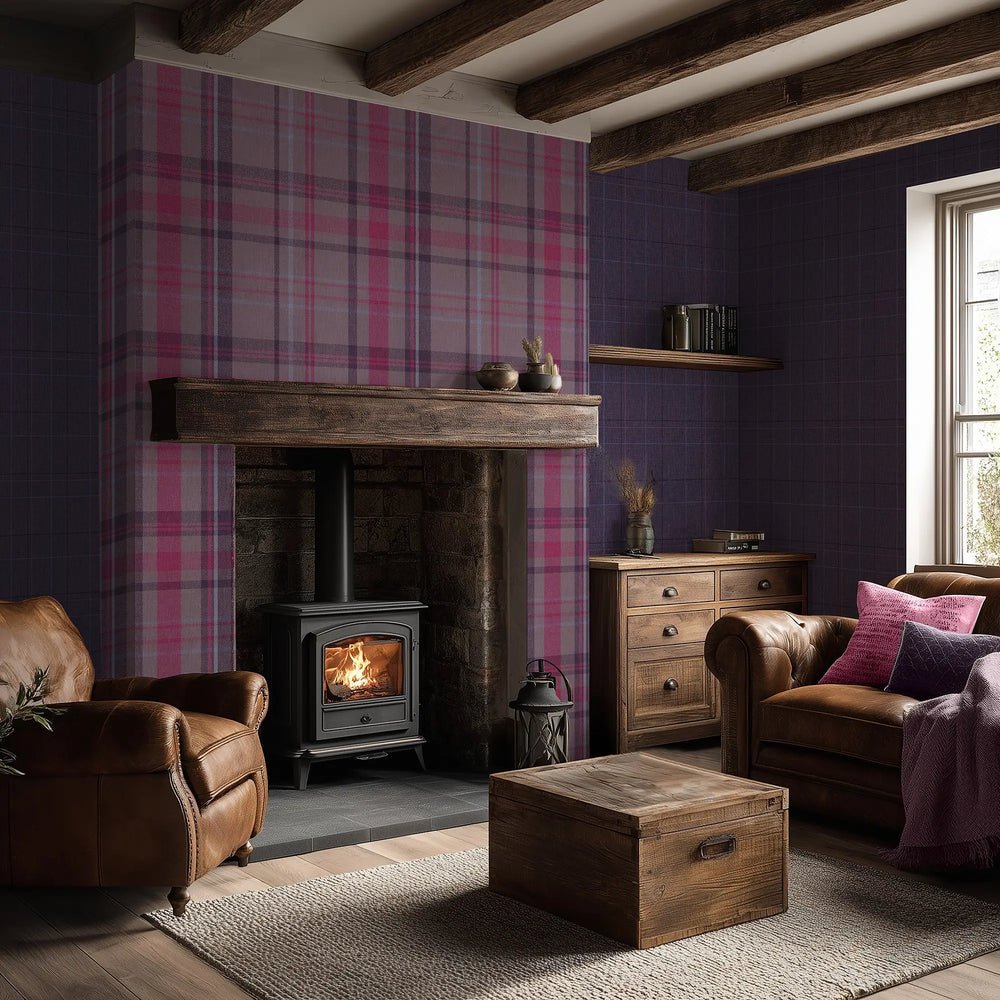 Royal Check Wallpaper - Rich Plum, Heather and Pink - Lucie Annabel - LAN100474 - Premier Wallcovering