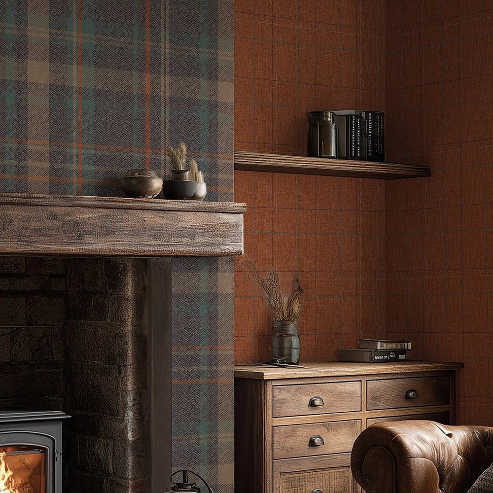 Royal Check Wallpaper - Rust, Navy and Teal - Lucie Annabel - LAN100468 - Premier Wallcovering