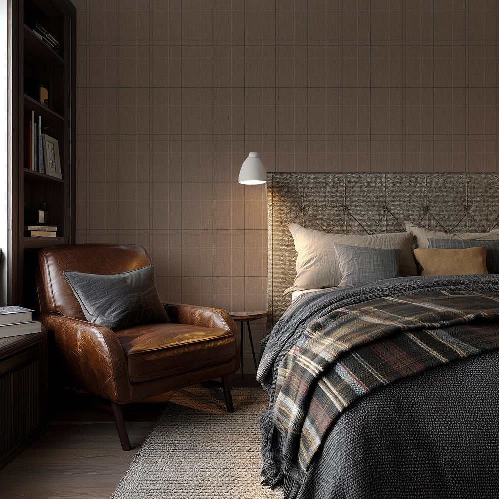 Royal Check Wallpaper - Taupe, Green and Oak Brown - Lucie Annabel - LAN100467 - Premier Wallcovering
