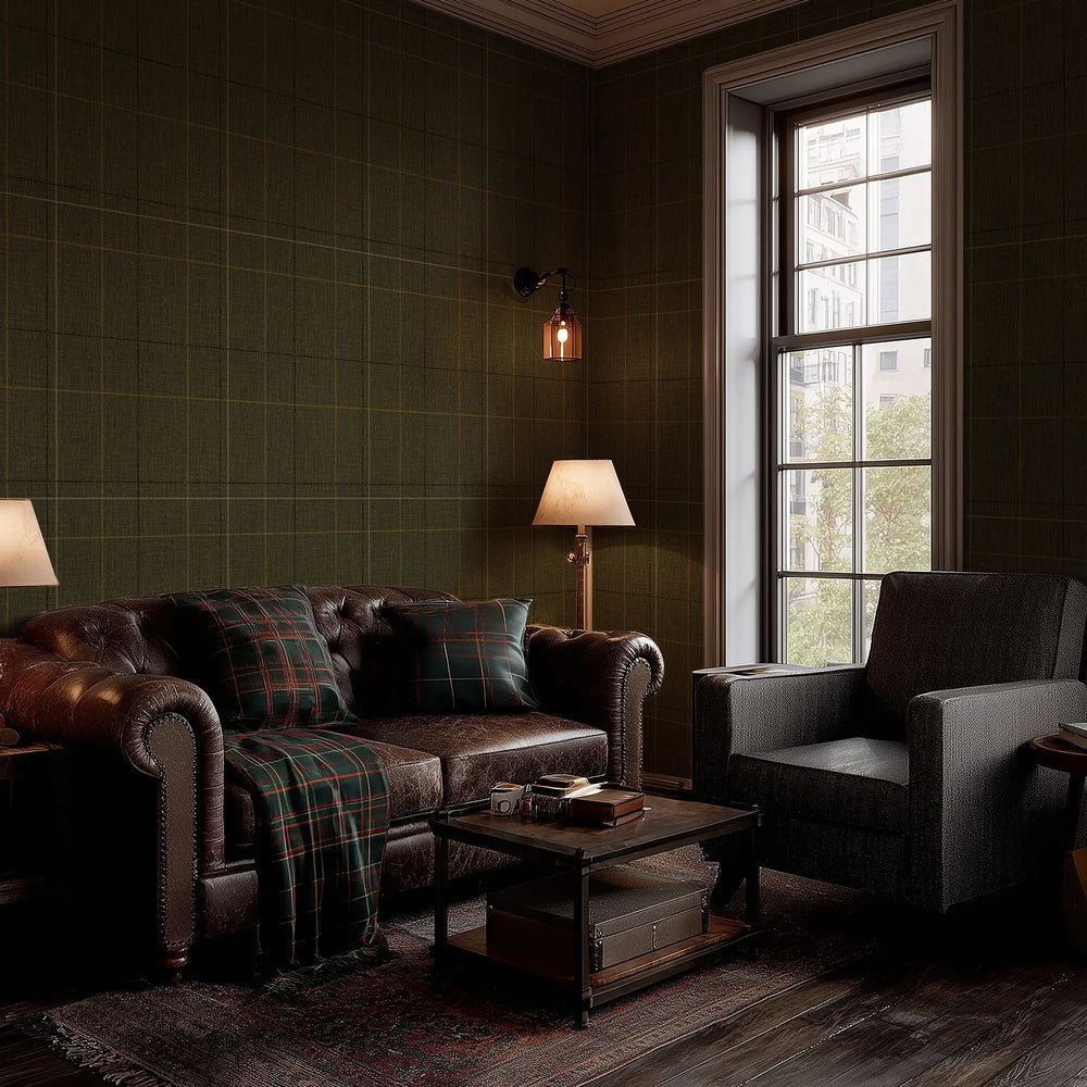 Royal Check Wallpaper - Green, Rich Olive and Yellow - Lucie Annabel - LAN100469 - Premier Wallcovering
