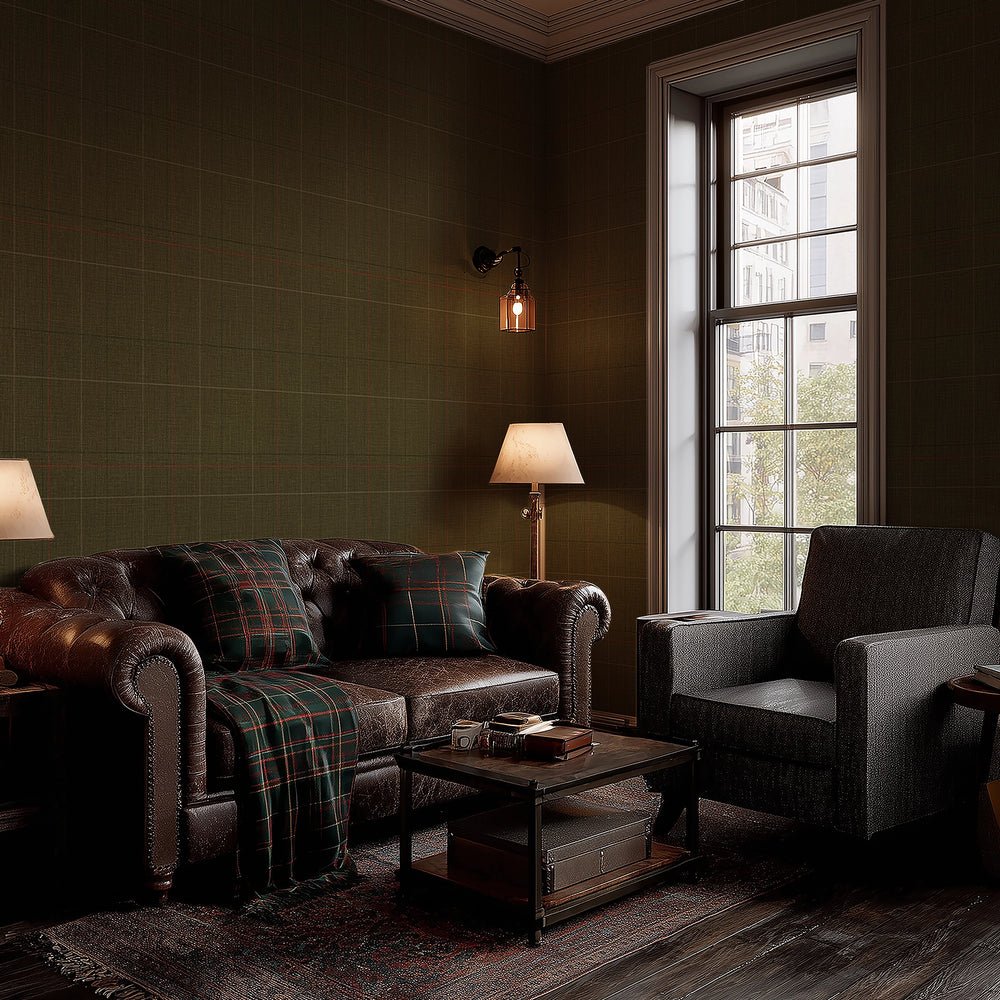Royal Check Wallpaper - Bracken Green, Sage and Red - Lucie Annabel - LAN100472 - Premier Wallcovering