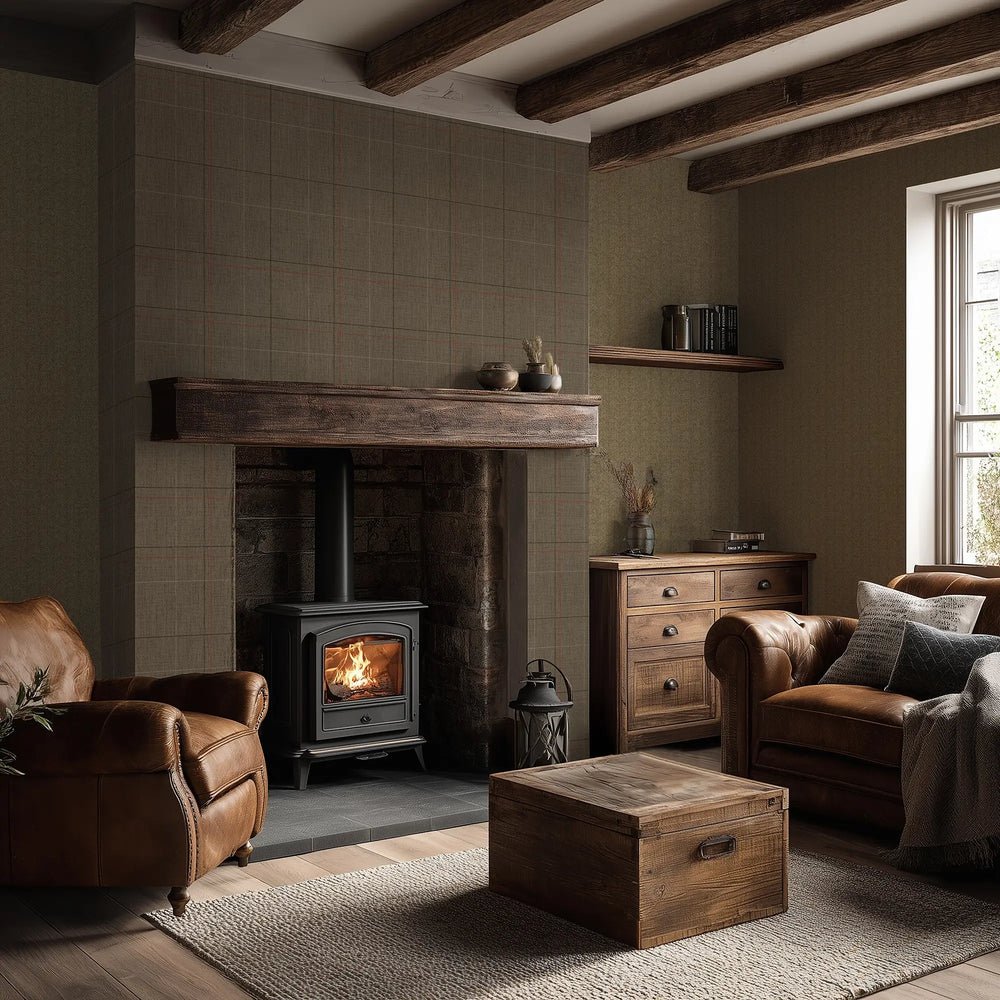 Royal Check Wallpaper - Heather Green, Bracken Green and Red - Lucie Annabel - LAN100471 - Premier Wallcovering