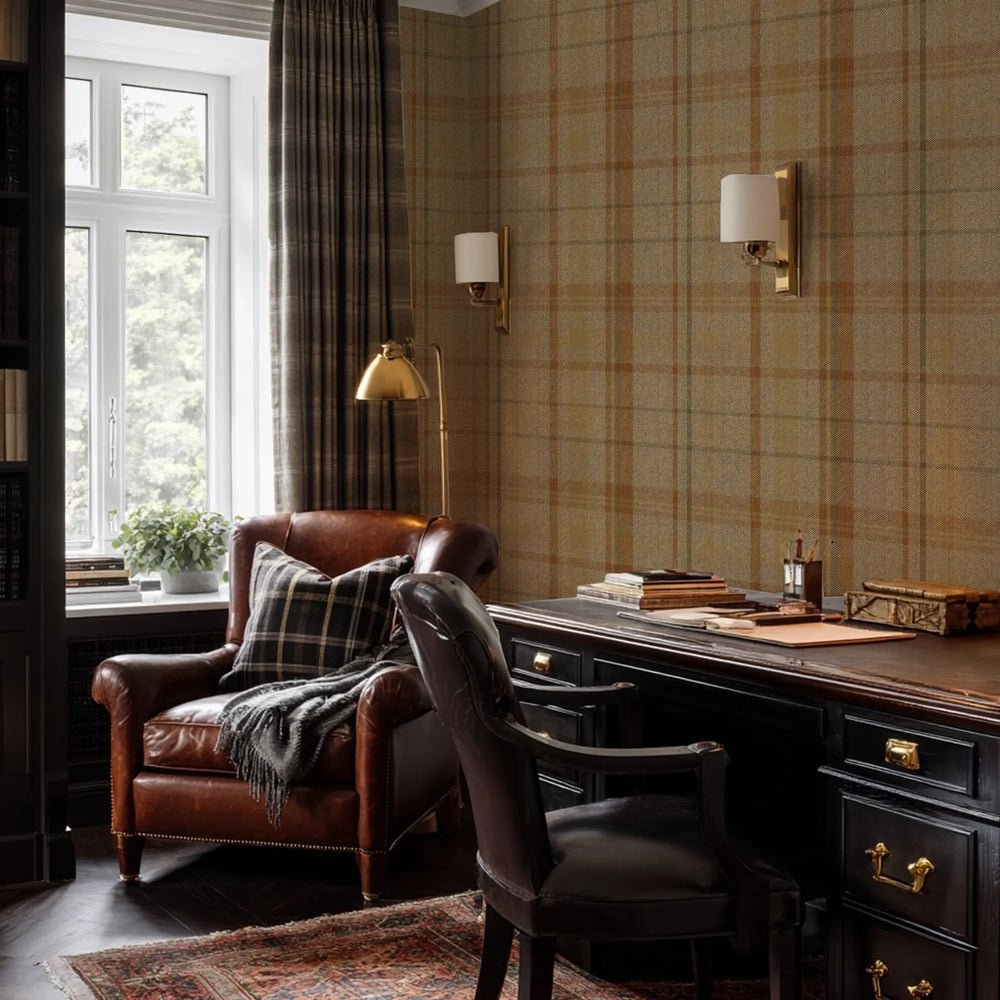 Royal Herringbone Tartan Wallpaper - Caramel, Hazelnut and Green - Lucie Annabel - LAN100460 - Premier Wallcovering