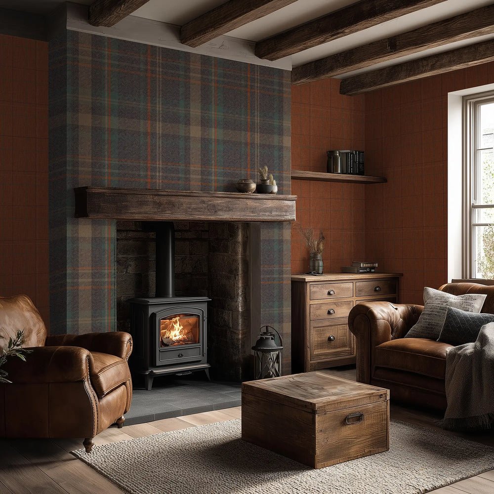 Royal Herringbone Tartan Wallpaper - Navy, Teal and Rust - Lucie Annabel - LAN100462 - Premier Wallcovering