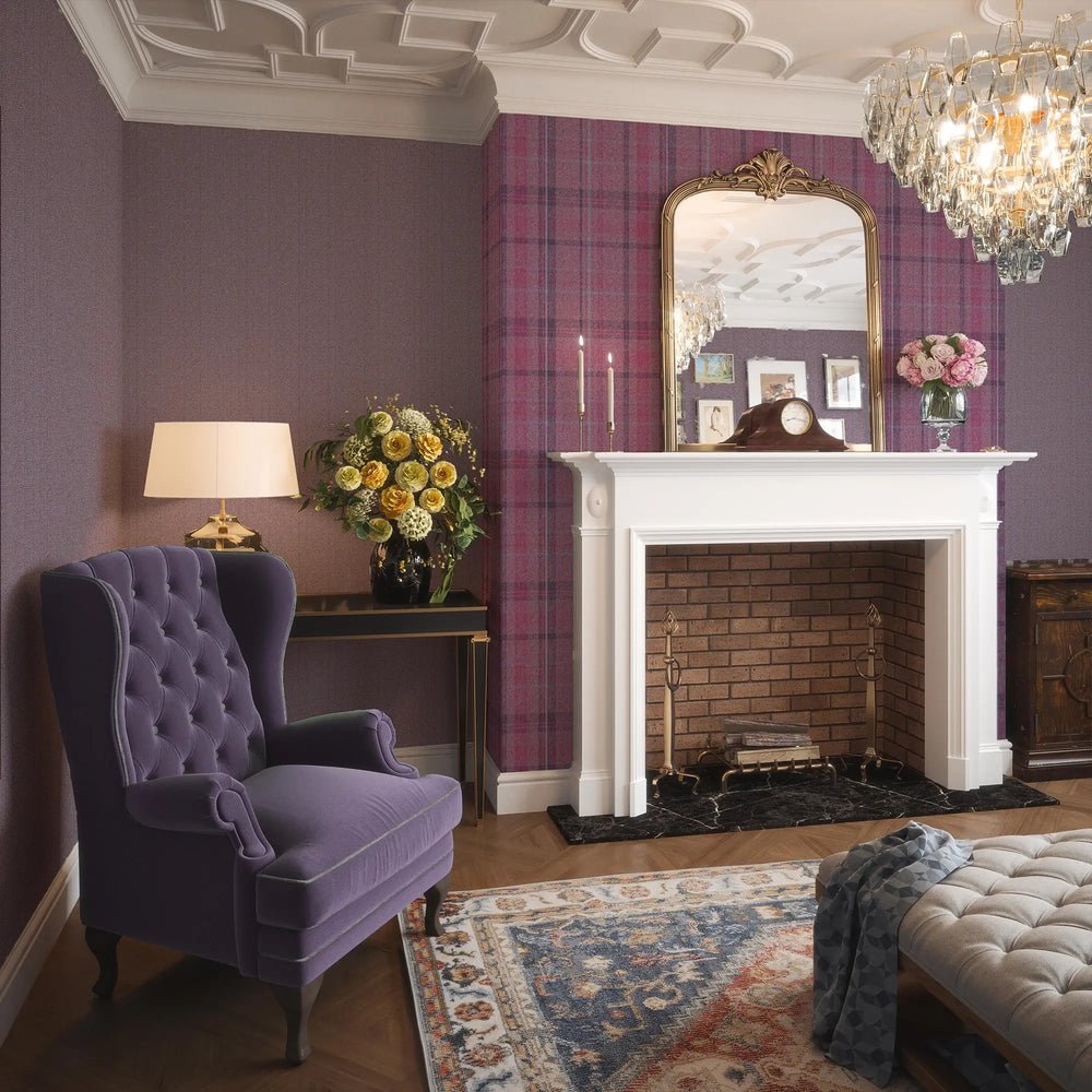 Royal Herringbone Tartan Wallpaper - Heather, Rich Plum and Sky Blue - Lucie Annabel - LAN100465 - Premier Wallcovering