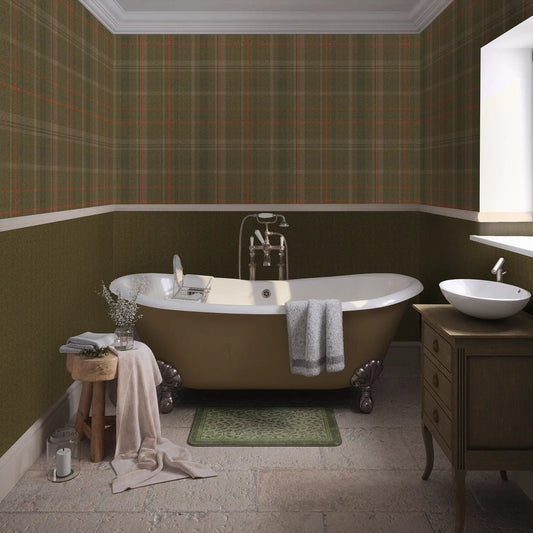 Royal Tartan Wallpaper - Bracken Green, Sage and Red - Lucie Annabel - LAN100456 - Premier Wallcovering