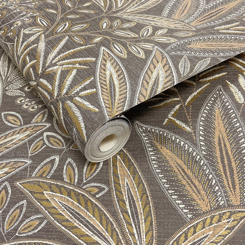 Sahara Leaf Wallpaper - Deep Mocha - Crown - M1785 - Premier Wallcovering