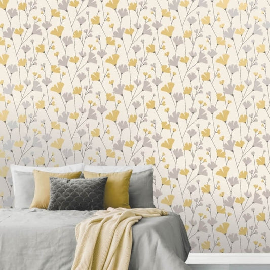 Scandi Modern Floral Metallic Wallpaper - Mustard/Grey - Crown - M1529 - Premier Wallcovering